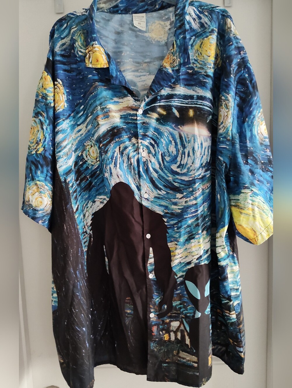 Starry Night Sasquatch And Alien Print Button-Up Shirt in Blue and Yellow 5XL